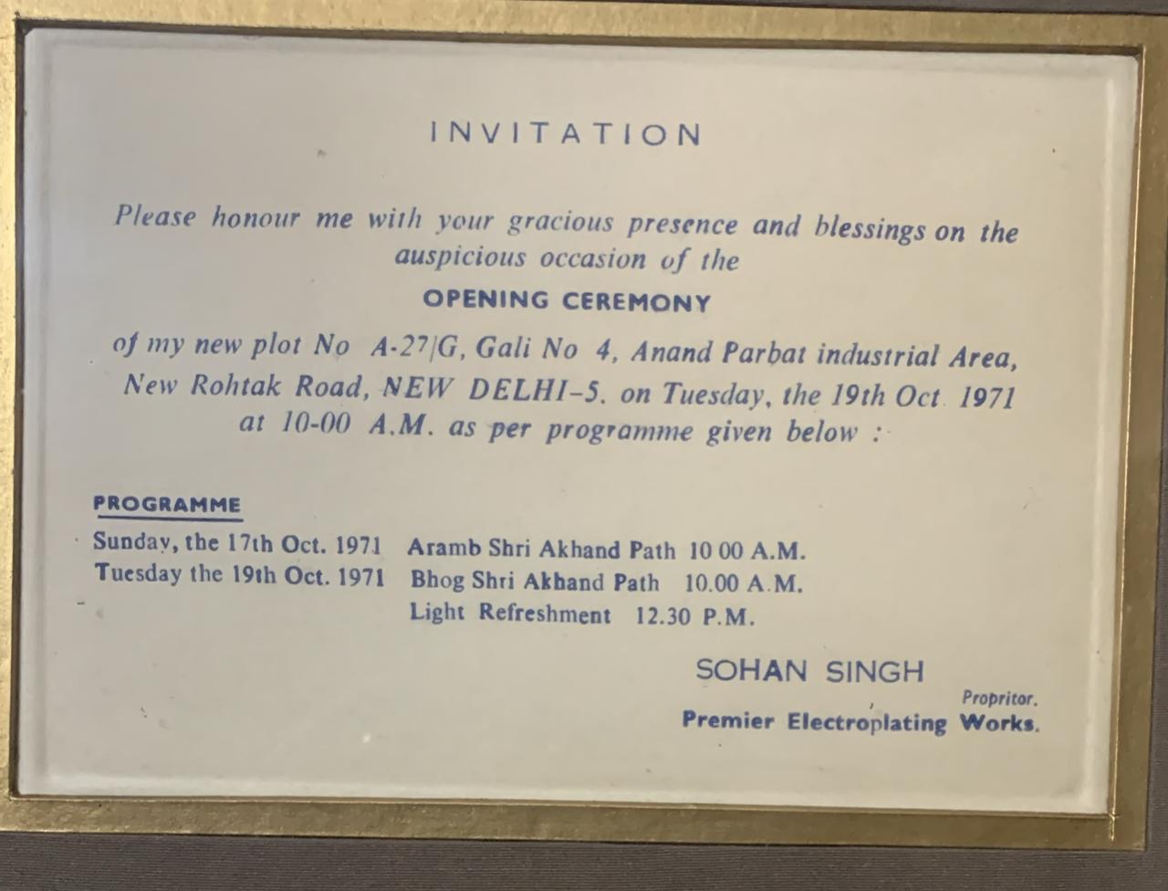 Historical invitation recording the 1971 opening ceremony of Premier Electroplating Works